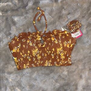 NWT Xhilaration Smocked Ruffle Floral Bandeau Bikini Top S